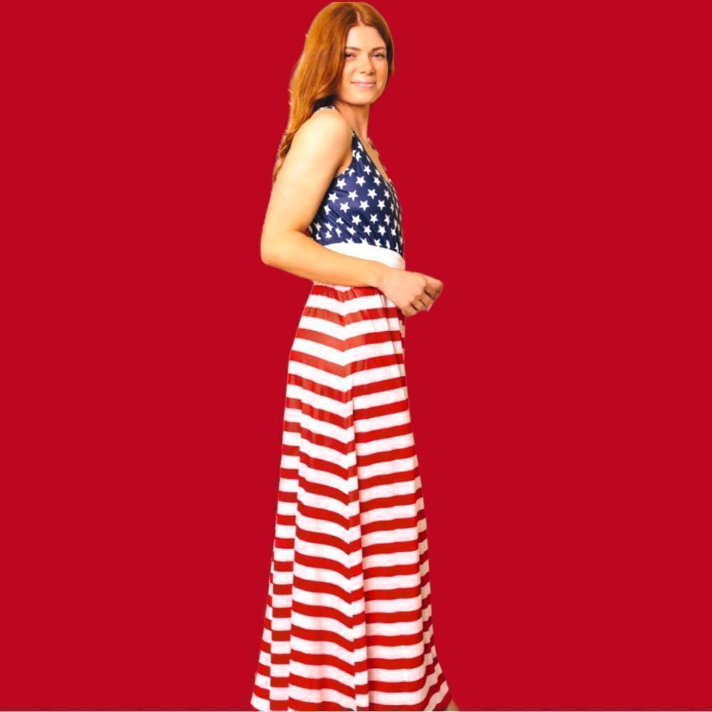Kivenst high fashion patriotic flag inspired long sleeveless dress!!